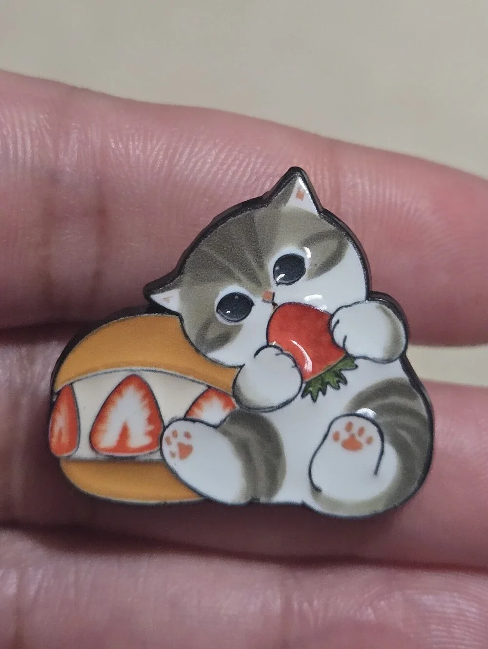Cute Gray & White Cat Enamel Pin - Strawberry Snack Design